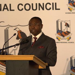 WINDHOEK, 14 November 2025 - Khomas Regional Council Chairperson Shaalukeni John Moonde launching the Council’s Strategic Plan for 2025/2026–2029/2030. (Photo by: Andreas Thomas) NAMPA