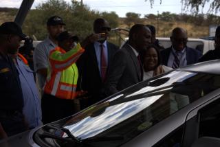 WINDHOEK, 20 November 2025 - Minister of Works and Transport Veiko Nekundi, along with Lucia Iipumbu, the Minister of Home Affairs, Immigration, Safety and Security, observed traffic safety and traffic rules on vehicles during the launch of the Okapuka Road Traffic Checkpoint, as well as the festive season road safety campaign, in collaboration with various stakeholders from the security clusters and the National Road Council. (Photo by: Uakutura Kambaekua) NAMPA.