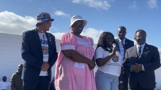 WALVIS BAY, 22 November 2025 - Independent Patriots for Change (IPC) President Panduleni Itula photographed with the party’s candidates for the upcoming regional council elections (l-r) Trevino Forbes for the Walvis Bay Urban, Louisa Kativa for Swakopmund, Profilia Iyambo for Arandis and Johaness Tjali for the Walvis Bay Rural constituency. (Photo by: Isabel Bento)