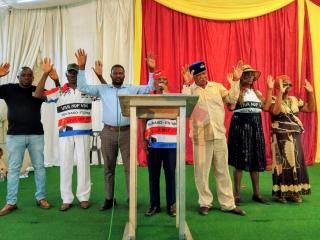 KATIMA MULILO, 22 November 2025 - President of the National Democratic Party (NDP), Martin Lukato Lukato flanked by some of his “brave” lieutenants at a star rally in Katima Mulilo ahead of the 26 November 2025 regional council and local authority elections on Saturday.
(Photo: Michael Mutonga Liswaniso) NAMPA
