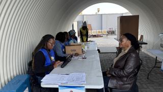 SWAKOPMUND, 26 November 2025 - Erongo Governor Natalia |Goagoses going through the process of voting at the Swakopmund Police Station polling station for the Regional constituency and local authorities elections. (Photo by: Isabel Bento) NAMPA