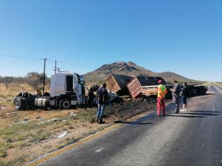 OTJIWARONGO - The head-on collision between two trucks Saturday morning on Otjiwarongo-Kalkfeld road which claimed lives of both drivers aged 29 and 46 years. Two other occupants from a Volvo truck survived it with minor body injuries. (Photo by: Mulisa Simiyasa) NAMPA 