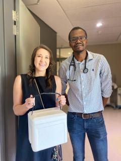 WINDHOEK, 11 November 2025 -Clinical Haematologist, Dr Kudakwashe Simba, pictured together with Medical Officer, Dr Carla van Zyl from  NamBTS holding harvested and prepared stem cells just before the transplant in Windhoek. (Photo: Contributed) 
