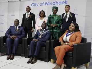 WIDHOEK, 05 December 2025 - Newly elected and sworn-in five members of the Management Committee for the City of Windhoek on Friday evening at the council chambers. They are pictured here with their mayor, Sakarias Uunona, seated middle and his deputy Albertina Amutenya seated right. (Photo by: Mulisa Simiyasa) NAMPA
