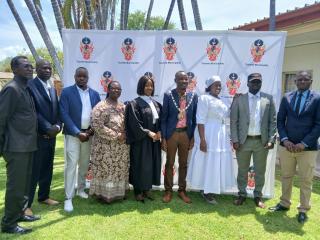 OMUTHIYA, 06 December 2025- Tsumeb newly elected mayor Hofni Hamunyela (C) with Magistrate Karen Kleopas (L) with the newly sworn-in Councillors.

(Photo: Contributed) NAMPA