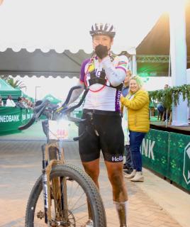 SWAKOPMUND, 07 December 2025 - Namibian cyclist Nina Holtrup  pictured at the finish line after winning the 2025 Nedbank Desert Dash. The 21st edition of the iconic endurance event saw riders take off from the Grove Mall in Windhoek and concluded at Platz Am Meer in Swakopmund, riding across the Namib Desert. (Photo by: Hesron Kapanga) NAMPA

