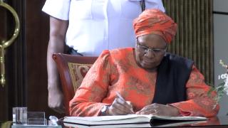 WINDHOEK, 08 December 2025 - Netumbo Nandi-Ndaitwah signs of in the commissioning of the seven newly elected heads of mission at state house.(Photo by: Negumbo Ali) NAMPA