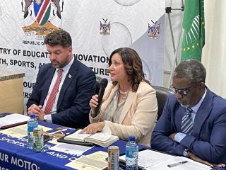 WINDHOEK, 08 December 2025 - Minister of Education, Innovation, Youth, Sports, Arts and Culture, Sanet Steenkamp (C) pictured during a media conference of the announcement of subsidised tertiary education funding model. (Photo by: Mathilde Kudumo) NAMPA 