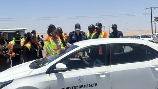 SWAKOPMUND, 09 December 2025 - Erongo Governor Natalia |Goagoses, Erongo Police Commander Commissioner Nikolaus Kupembona and Swakopmund Mayor Suama Kautondokwa and other regional leaders intercepting vehicles at the Swakopmund roadblock as the regional road safety campaign kicks off. (Photo by: Isabel Bento) NAMPA