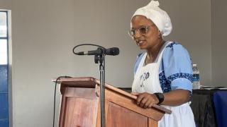UIS, 10 December 2025 - Chief Complaints Investigator at the office of the Ombudsman in Erongo Hermina Apollus speaking at the International Human Rights Day and Namibian Women’s day commemoration held at Uis on Wednesday. (Photo by: Isabel Bento) NAMPA