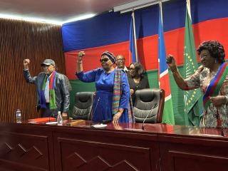Windhoek, 13 December- President Netumbo Nandi-Ndaitwah pictured with former President Nangolo Mbumba and Swapo party Secretary General Sophia Shaningwa. (Photo by: Eba Kandovazu). NAMPA