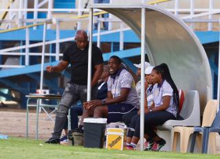 WINDHOEK, 13 December 2025 - UNAM Football Club head coach Robert Nauseb (left) and assistant coach Willem Mwedihanga during Round 12 of the Namibia Premier Football League match against African Stars at the UNAM Stadium. The game ended 1-1 extending UNAM's unbeaten run to 12 matches during the 2025/26 Premier League  Season. (Photo by: Hesron Kapanga) NAMPA