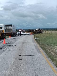 GROOTFONTEIN, 19 December 2025 - The accident scene where two trucks and a passenger bus were involved in a collision Friday afternoon outside Grootfontein in the Otjozondjupa Region. (Photo: Contributed) 