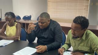WINDHOEK, 15 January 2026 - The student Union of Namibia’s (SUN) President, Shikesho Natangwe  (R) pictured together with SUN’s Board Chairperson, Benhard Kavau  and Media Liason Officer, Ottilie Andreas at a press conference. (Photo: Edward Tenete) NAMPA