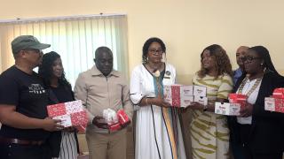 SWAKOPMUND, 15 January 2026 - Erongo Governor Natalia |Goagoses, Swakopmund Mayor Suamma Kautondokwa and Chairperson of the Erongo Regional Council Chairperson Lazarus Kanelombe photographed with 4x4 Foundation Initiative Founder Sidney Boois and member parents during the handover of 54 pairs of school shoes and sanitary products and Swakopmund. (Photo by: Isabel Bento) NAMPA