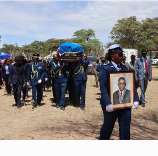 EENHANA, 23 January 2026 - Members of the Namibian Defence Force carrying the casket of the late Matias Kanana Hishoono during his memorial service at his residence at Onambutu (Photo by: Andreas Thomas) NAMPA