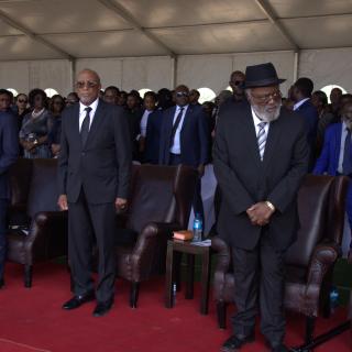 WINDHOEK, 23 January 2026 – Statemen Nangolo Mbumba and Hifikepunye Pohamba pictured at the memorial service of liberation hero Mathias Kanana Hishoono (Photo: Andreas Thomas) NAMPA