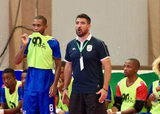 SWAKOPMUND, 04 February 2026 - The head coach of Namibia's senior men’s futsal team, Marcos Antunes (right) and George Haikali pictured during the Brave Fives match against Libya in the 2026 CAF Futsal AFCON qualifiers at The Dome in Swakopmund. Namibia lost the match 3-11 in the first leg of their round two CAF qualifiers. (Photo by: Hesron Kapanga) NAMPA 
