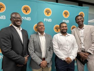 WINDHOEK, 10 February 2026 - , FNB’s Head of Investment, Ziggy Muinjo alongside FNB Namibia’s Head of Retail and Chief Executive Officer, Mbo Luvindao and FNB and FNB team.  (Photo by: Justina Shuumbwa) NAMPA 