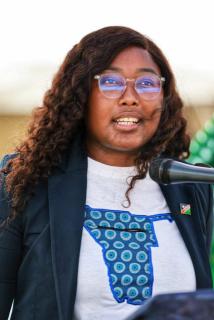 MURURANI, 14 February 2026 - The Minister of Information and Communication Technology Emma Theofelus speaking during the joint celebration of International Safer Internet Day and World Radio Day at Mururani on Saturday. (Photo Contributed) 