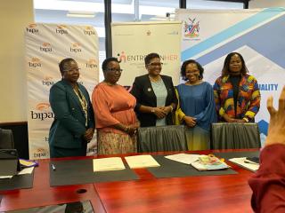 WINDHOEK, 19 FEBRUARY 2025 - Minister of Gender Equality and Child Welfare, Emma Kantema (C) pictured with BIPA CEO, Aina Kaundu second from Right, and the Ministry's Executive Director Lydia Indombo during the signing of Memrondum of Understanding on the intellectual property for the EntreprenHer programme.  (Photo: Filemon Haininga) NAMPA