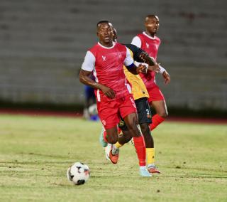 WINDHOEK, 20 February 2026 - African Stars defensive midfielder Ronald Ketjitjere while in action against Mighty Gunners during round 19 of the Namibia Premier Football League (NPFL) at the Independence Stadium. African Stars secured a 1-0 victory over Mighty Gunners in a high-stakes clash between defending champions African Stars and Mighty Gunners, who entered the encounter separated by a single point in second and third place, respectively. (Photo by: Hesron Kapanga) NAMPA