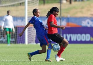 WINDHOEK, 20 February 2025 -Millicent Hikuam of Namibia (left) while in action against Ilodia Matsinhe of Mozambique during the 2025 Hollywoodbets COSAFA Womens Championship match between Mozambique and Namibia at the Old Peter Mokaba Stadium, Polokwane. (Photo: Contributed) NAMPA