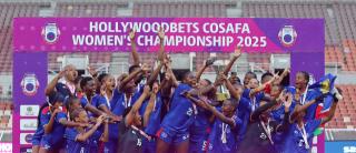WINHOWK, 01 March 2026 - Namibia women's senior national football team 'Brave Gladiators' celebrates lifting the trophy during the 2025 Hollywoodbets COSAFA Womens Championship Final match against South Africa at the Peter Mokaba Stadium, Polokwane on the 01 March 2026. Namibia won the match 2-1 in extra time. (Photo: Contributed) NAMPA 