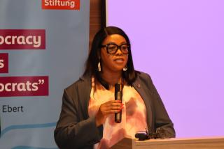 WINDHOEK, 03 March 2026 - Hilaria Mukapuli, chairperson of the Parliamentary Standing Committee on Budget and Finance speaking at the Analysis of the National Budget workshop. (Photo by: Andreas Thomas) NAMPA