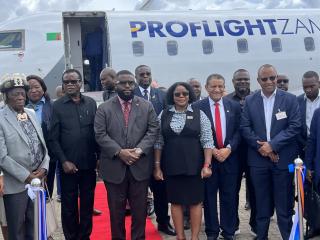 WINDHOEK, 03 March 2026 - Zambia’s Minister of Transport and Logistics, Frank Tayali, alongside  Deputy Minister of International Relations and Trade, Jenelly Matundu, Namibia’s High Commissioner to Zambia, Goms Menette, Namibia Airports Company (NAC) Chief Executive Officer, Bisey /Uirab and Zambia's Ambassador to Namibia Stephen Katuka,  at the Proflight Zambia’s inaugural flight from Lusaka to Windhoek. (Photo: by Justina Shuumbwa) NAMPA
