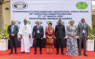 SWAKOPMUND, 05 March 2025 - Vice President Lucia Witbooi, photographed with Erongo Governor Natalia |Goagoses, Chairperson of the Namibian National Council Lukas Muha, President of the Commonwealth Parliamentary Association (CPA) Africa Region and Speaker of the Parliament of Malawi, Sameer Suleman and members of the CPA Executive Commitee at Swakopmund. (Photo by: Isabel Bento) NAMPA