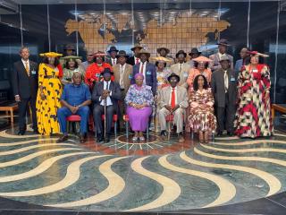 WINDHOEK. 05 March 2026 - Ombara Otjitambi of the Ovaherero Traditional Authority (OTA), Dr Hoze Riruako, and his group, pictured in the center with President Netumbo Nandi-Ndaitwaah, participated on Thursday in a high-level dialogue focused on land and the overarching framework of nation building. (Photo by: Uakutura kambaekua( NAMPA.