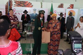 WINDHOEK, 08 March 2026 - President Netumbo Nandi-Ndaitwah pictured with Ethiopian Airlines Captain Tigist Kibret during an event to mark 2026 International Women’s Day. (Photo by: Andreas Thomas) NAMPA