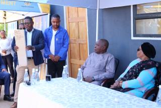 WINDHOEK, 06 March 2026 – President Netumbo Nandi-Ndaitwah and Urban and Rural Development Minister James Sankwasa listening to ABT Director Medusalem Shilongo explaining the benefits of alternative building material (Photo: Andreas Thomas) NAMPA 