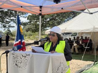 NCAMAGORO, 11 March 2026- The Kavango West Governor Verna Sinimbo at the official groundbreaking ceremony for a new basic sports facility at Ncamagoro Village, Ncamagoro Constituency in the Kavango West Region on Wednesday.

(Photo: Lylie Joel)
NAMPA
