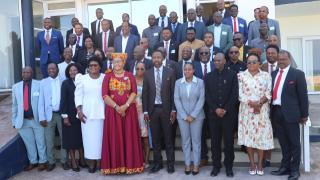 SWAKOMUND, 16 March 2026 - Erongo Region Governor Natalia |Goagoses, Chairperson of the National Council Lukas Muha, Deputy Speaker of the National Assembly Philipus Katamelo photographed among members of the national council at the opening of the induction and orientation seminar for members of the 7th National Council of the 8th Parliament taking place at Swakopmund. (Photo by: Isabel Bento) NAMPA