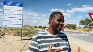 KARIBIB, 20 March 2026 - Navachab Gold Mine Corporate Communications Officer, Mclyn Kasale speaks to the media on the early-stage construction of a N.dollars 120 million health centre in Karibib, aimed at improving access to healthcare services in the area. (Photo by: Isabel Bento) NAMPA