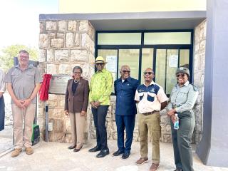 ETOSHA, 28 March- The Minister of Environment, Forestry and Tourism Indileni Daniel, Germany’s Ambassador to Namibia, Thorsten Hutter and Director General of the National Planning Commission, Kaire Mbuede and MEFT Management at the inauguration of upgraded facilities at Etosha National Park. ( Photo by Eba Kandovazu). NAMPA
