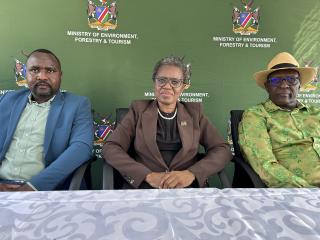 28 March, Etosha- Minister of environment, forestry and tourism, Indileni Daniel flanked by the National Planning Commission Director General Kaire Mbuede and Environmental Investment Fund Chief Human Capital, Elvis Mukaya.  (Photo by Eba Kandovazu). NAMPA