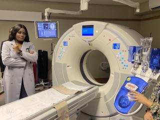 WINDHOEK, 30 March 2026 - The Minister of Health and Social Services, Esperance Luvindao pictured together with a Computed Tomography (CT) scan machine at the Katutura Intermediate Hospital. (Photo: Edward Tenete) NAMPA