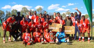 KEETMANSHOOP, 06 April 2026 - Erongo's Under-20 football team poses for a picture for after being crowned winners of the 2026 Nedbank Namibian Newspaper Cup at the Westdene Stadium in Keetmanshoop. Erongo won the match 2-1 against Kunene. (Photo by: Hesron Kapanga) NAMPA