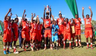 KEETMANSHOOP, 06 April 2026 - The Erongo Region's football team pictured after being crowned winners of the 2026 Nedbank Namibian Newspaper Cup at the Westdene Stadium in Keetmanshoop. Erongo won the match 2-1 against Kunene. (Photo by: Hesron Kapanga) NAMPA