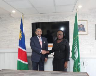 WINDHOEK, 07 APRIL 2025 - H.E. Mr. Abdullah Khalil Al-Musaibeeh, president of the Arab Bank for Economic Development in Africa (BADEA), with Ambassador Selma Ashipala-Musavyi, minister of International Relations and Trade, during a courtesy call today at the Ministry. (Photo: Contributed) NAMPA.