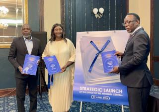 SWAKOPMUND, 09 April 2026 - Attorney General Festus Mbandeka alongside Prosecutor General Martha Imalwa and Executive Director in the Ministry of Justice Dr Audrin Mathe, launch the Five-year Strategic Plan for the Office of the Attorney General. (Photo by: Isabel Bento) NAMPA