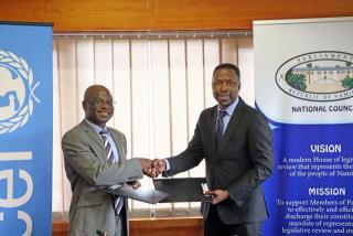 WINDHOEK, 09 April 2026 - The Chairperson of the National Council, Lukas Sinimbo Muha (R) pictured together with UNICEF’s Country Representative, Samuel Ocran (L) during the signing of an agreement. (Photo: Contributed) NAMPA
