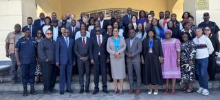 SWAKOPMUND, 13 April 2026 - Attorney General Festus Mbandeka, Executive Director in the Ministry of Justice Dr Audrin Mathe and Erongo Governor Natalia |Goagoses photographed with Erongo regional and local authorities during a stakeholder’s meeting with the Office of the Attorney General at Swakopmund. (Photo by: Isabel Bento) NAMPA