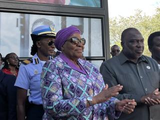 WINDHOEK, 15 April 2026 - President Netumbo Nandi-Ndaitwah alongside  David Namalenga, Managing Director of Dinapama Manufacturing. (Photo by: Justina Shuumbwa) NAMPA