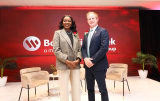 WINDHOEK, 20 April 2026 - The Ministry of Information and Communication Technology’s Executive Director, Linda Aipinge-Nakale, and Bank Windhoek Managing Director James Chapman pictured at the launch of Bank Windhoek’s WhatsApp banking channel. (Photo: Contributed)