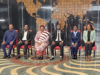 WINDHOEK, 20 April 2026 - President Netumbo Nandi-Ndaitwah (centre) pictured together with a delegation from the Omaludi Organising Committee and the Minister in the Presidency, Charles Mubita (far left) at the state house. (Photo: Edward Tenete) NAMPA