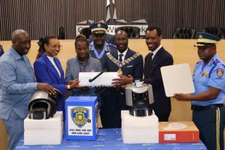 WINDHOEK, 24 April 2026 - CoW Mayor Sakarias Uunona (Middle) receives cameras donated by MVA. (Photo by: Ali Negumbo)NAMPA